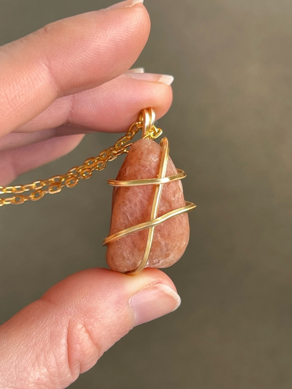 Orange Calcite Wire Wrap Necklace Stainless Steel Gold Plated Chain Handmade